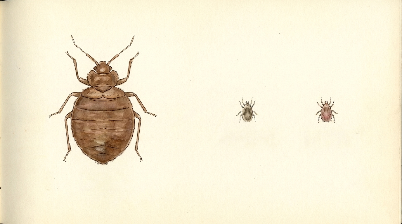 Watercolor field-guide drawing of an adult bed bug next to two far smaller eight-legged mites, one grayish-brown and one reddish, on cream paper.
