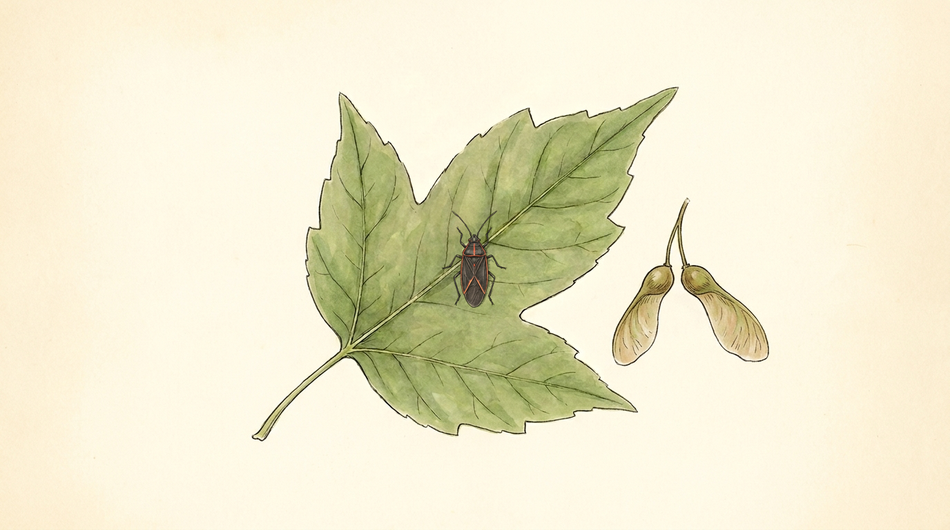Watercolor field-guide illustration of a black boxelder bug seen from above on a green leaf, with red lines behind its head and red edges on its folded wings, which cross in an X, and a pair of winged seeds beside the leaf.