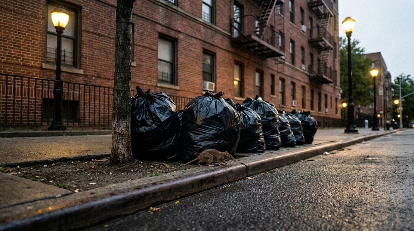 A brown rat at the curb beside a row of black trash bags and a street tree at dusk, in front of a red-brick apartment building with fire escapes and lit streetlights