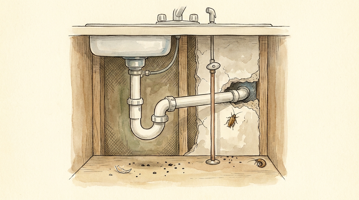 Watercolor cutaway of the cabinet under a kitchen sink, showing a cockroach on the wall just below the gap where the drain pipe enters the wall, with dark droppings on the cabinet floor