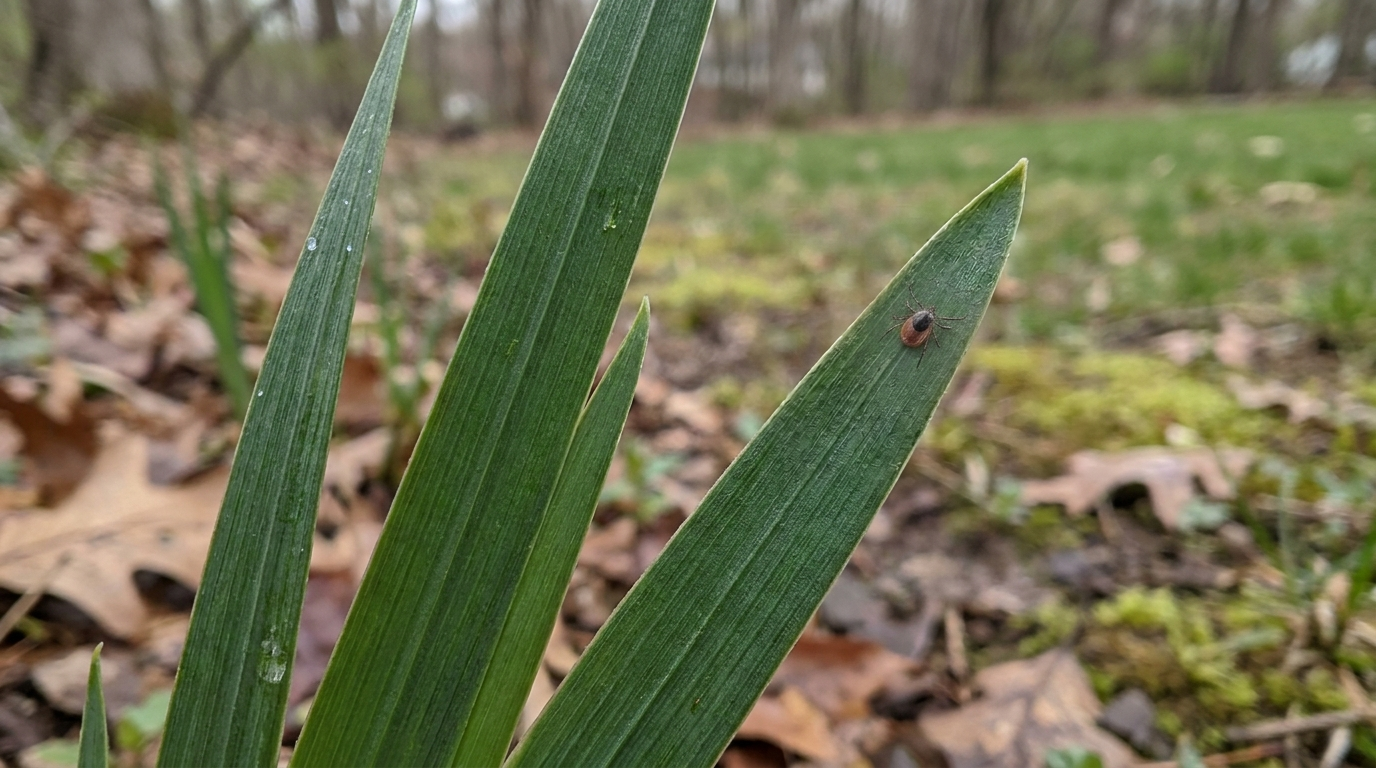 Photo of a small deer tick with a solid dark shield and a reddish-brown body near the pointed tip of a broad green blade, with fallen leaves, a lawn and trees blurred behind it.