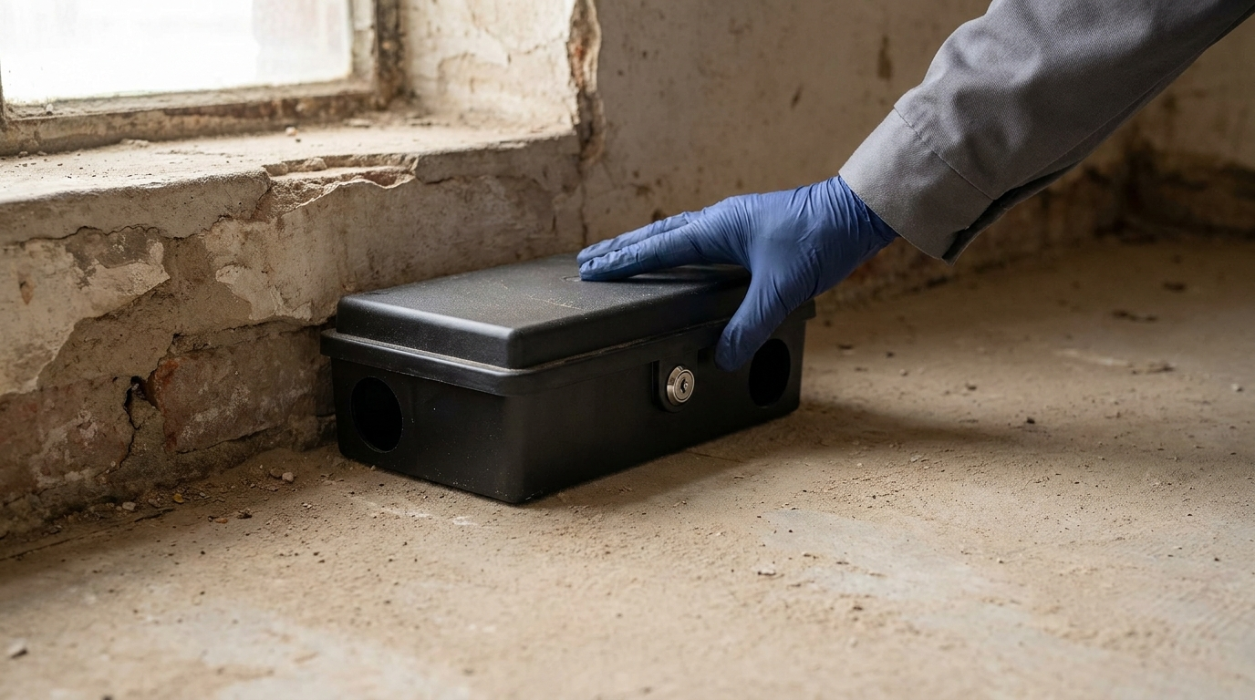 A hand in a blue glove resting on a closed black rodent bait station with a key lock, set against the base of a crumbling plaster wall on a dusty concrete floor.