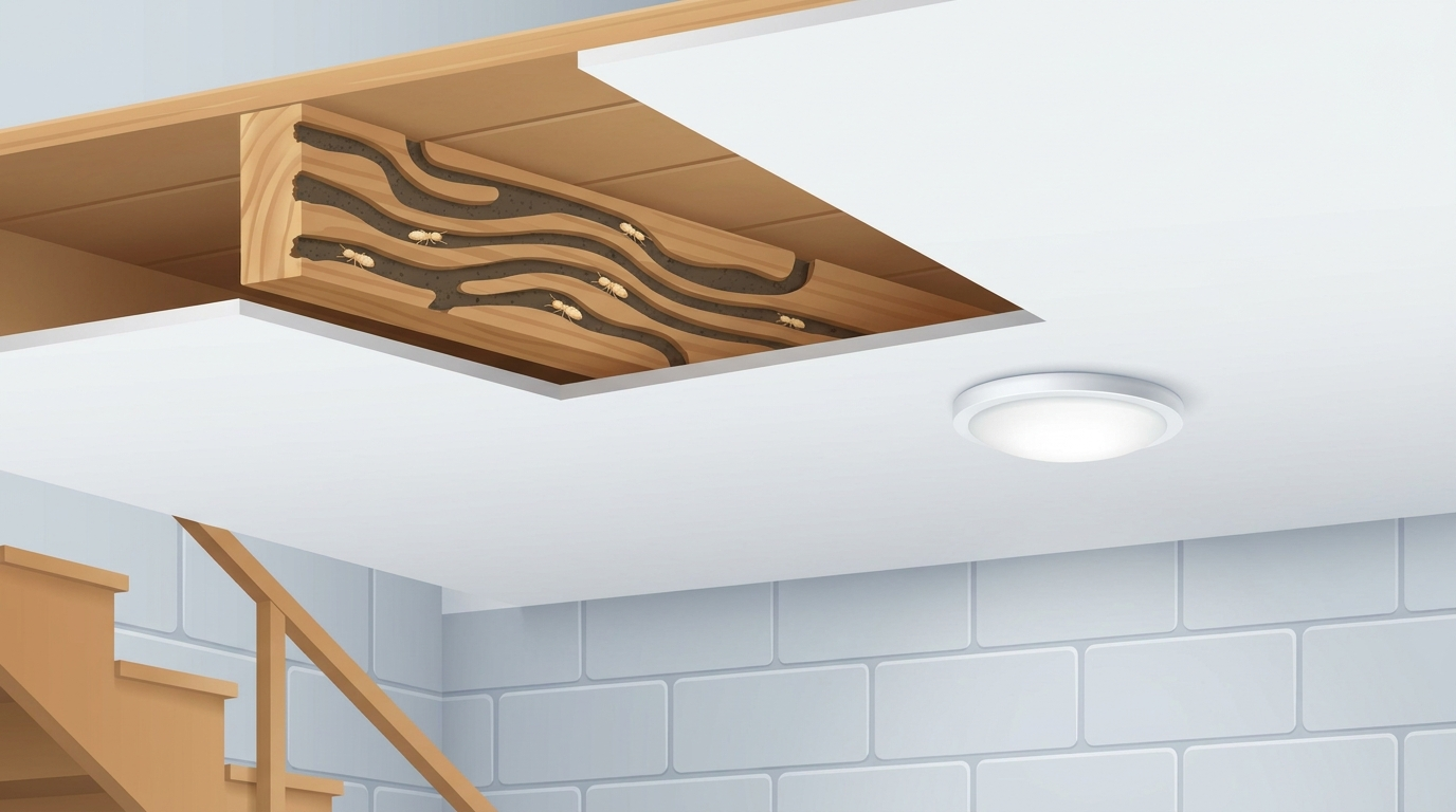 Illustration of a finished basement with part of the ceiling cut away to show a wooden joist hollowed by termite tunnels, with tiny pale termites inside, while the ceiling below stays level