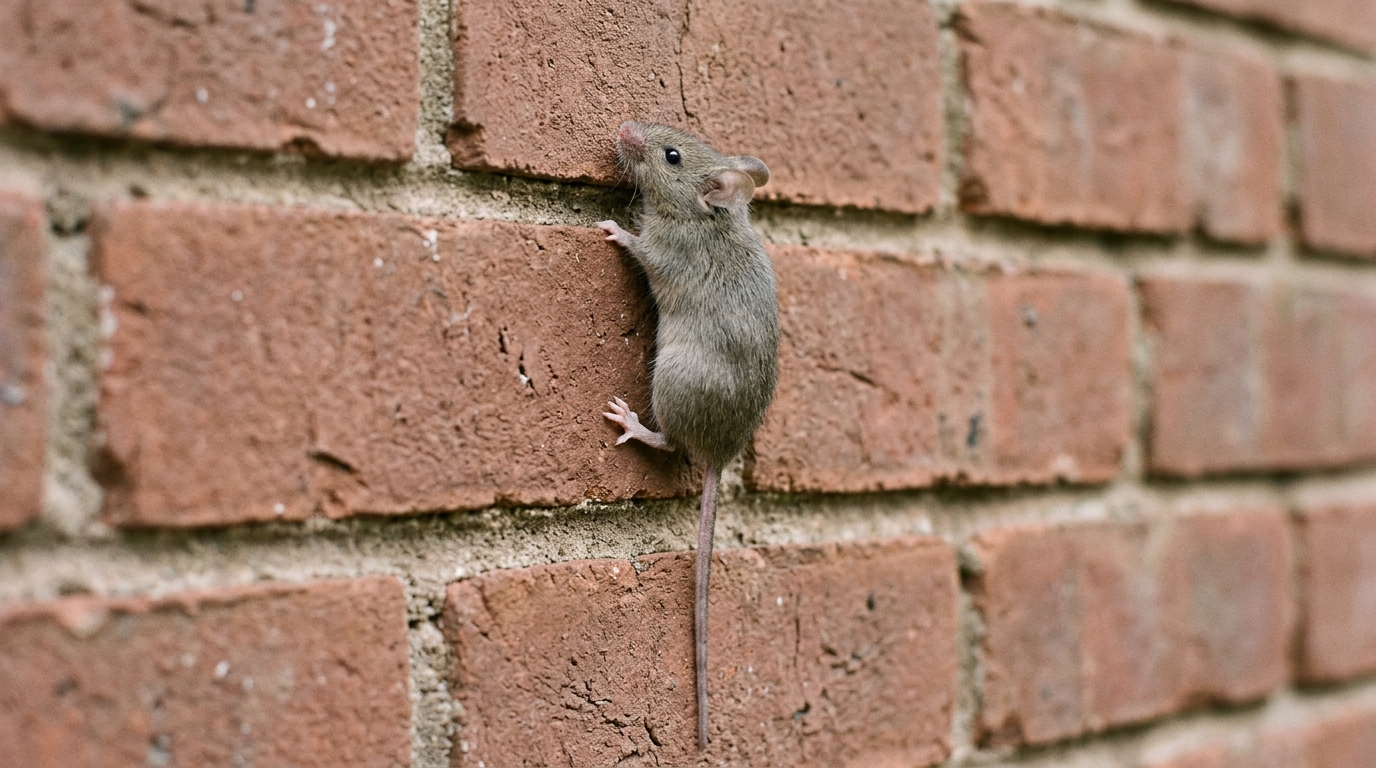 Close-up photo of a small gray-brown mouse climbing head-up on a rough red brick wall, its feet gripping the brick and its tail hanging down.