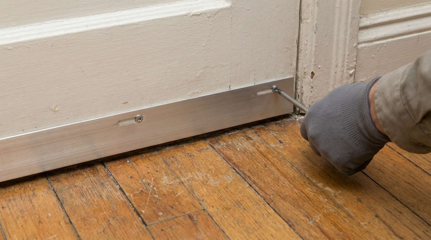 A gloved hand drives a screw into a brushed metal door sweep along the bottom of a painted wooden door, just above a worn hardwood floor