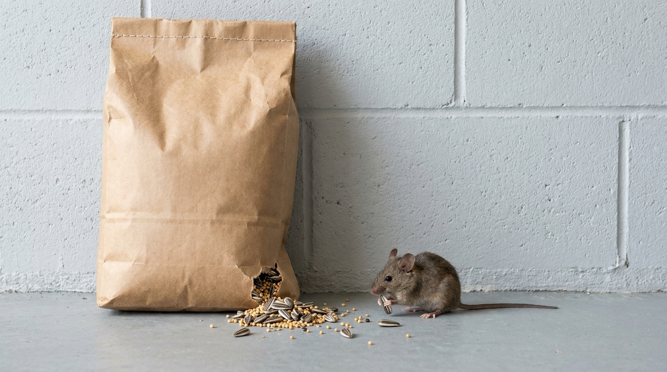 A brown mouse holding a sunflower seed on a gray floor beside a brown paper sack with a hole torn in its bottom corner, with sunflower seeds and small round seeds spilled out in front of a painted block wall