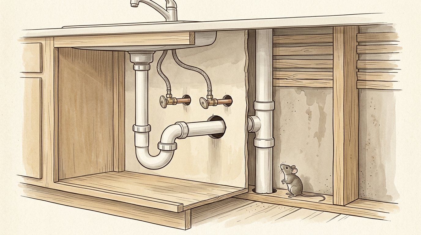 Watercolor cutaway of the cabinet under a kitchen sink, showing open gaps around the drain and supply pipes where they pass through the wall, and a small mouse in the wall cavity beside the drain pipe.