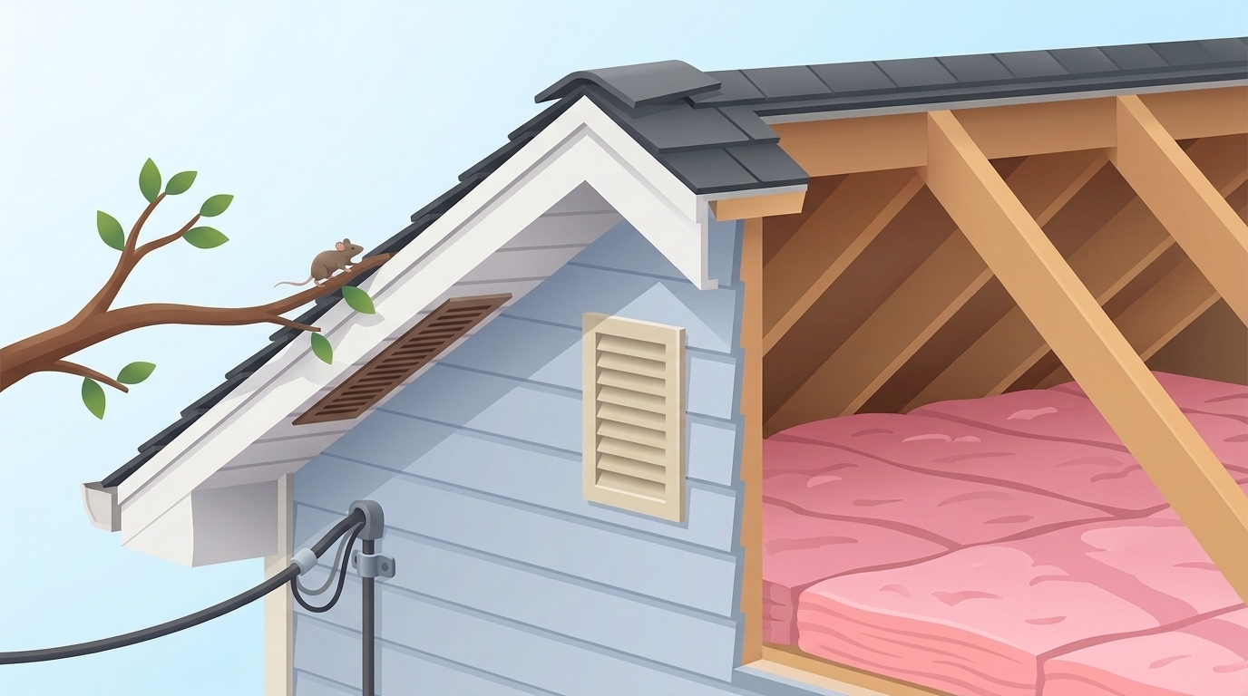 Illustrated cutaway of the upper corner of a house: a small mouse on a tree branch that touches the roof edge, above a slotted vent under the roof edge, with a louvered vent on the siding and a cut-open attic showing wooden rafters and pink insulation.