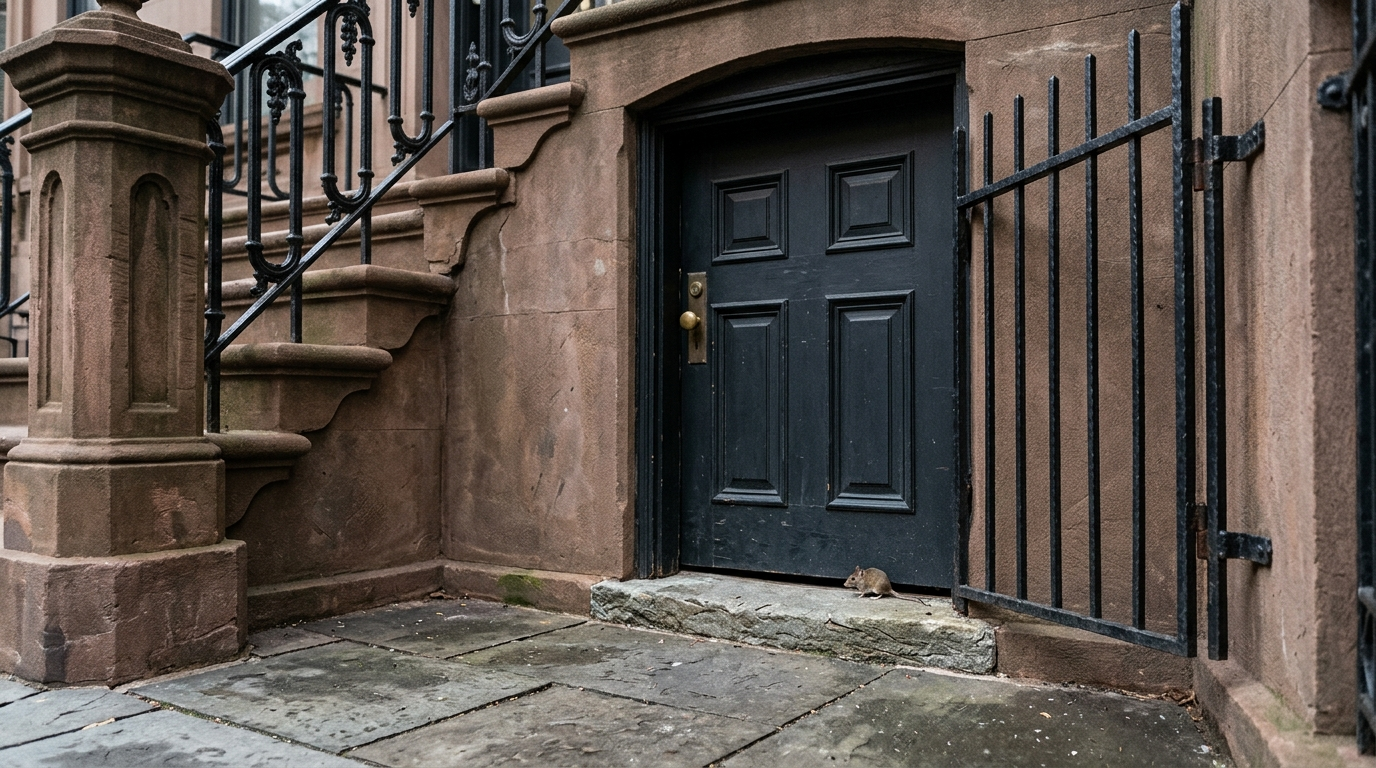 A small brown mouse on the stone sill at the bottom of a dark paneled door under a brownstone stoop, with an open black iron gate beside the door and gray stone paving in front.