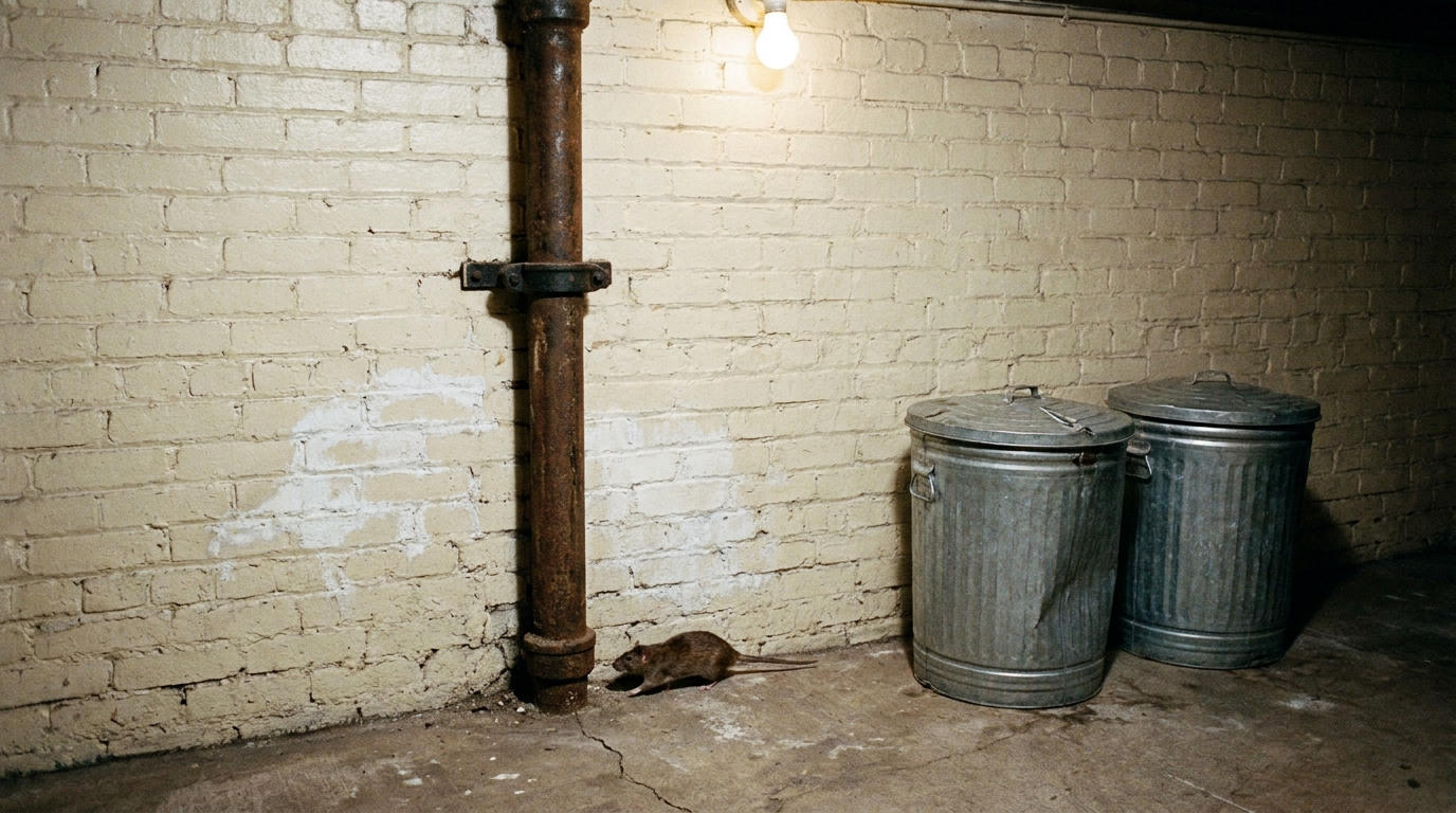 A brown rat running along the base of a painted brick basement wall beside a rusty vertical pipe, with two metal garbage cans against the wall under a bare light bulb
