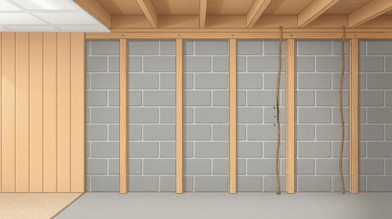 Illustration of a finished basement where the wood paneling stops partway along the wall, exposing a concrete-block wall with two rough brown mud tubes running up between wooden furring strips to the framing overhead, one broken open along a narrow dark slit with a few crumbs beside it.
