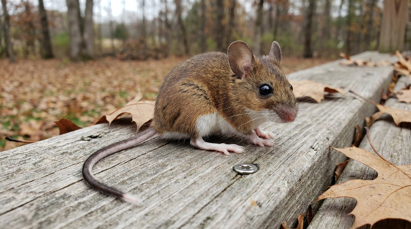 A brown mouse with a white belly, pale pink feet and large ears sits on a weathered wooden deck board among fallen oak leaves, with bare woods behind it and its long dark tail curled across the board.