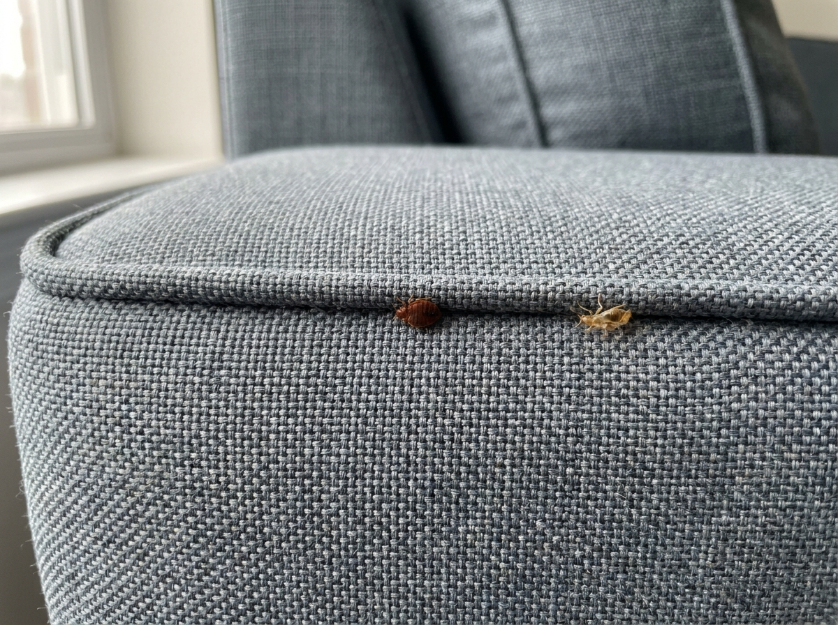One reddish brown bed bug and a pale shed skin tucked against the piped welt seam of a woven gray blue sofa cushion