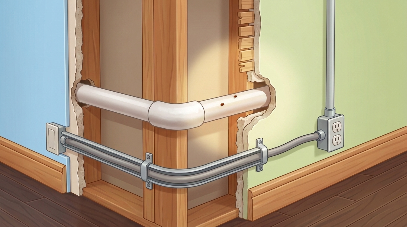Cutaway illustration of a wall opened up where a blue wall meets a green wall, with two bed bugs on a white pipe that runs through the wall cavity past wooden studs, above a gray cable held in metal clamps that runs from a wall switch on the blue side to an outlet on the green side