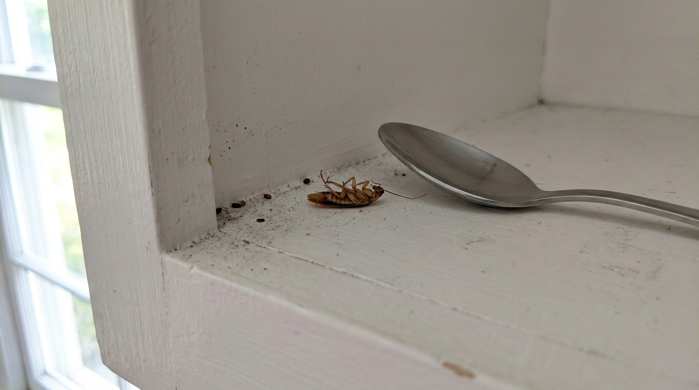 Close view of a dead cockroach on its back in the corner of a white cabinet shelf, with a few dark droppings and light dust beside a metal spoon