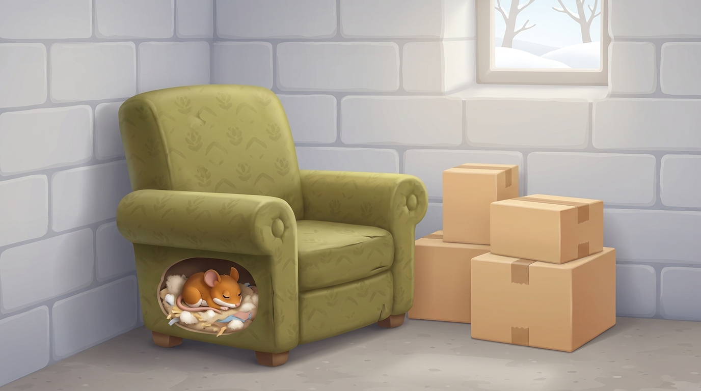 Illustration of a basement corner with an old green armchair cut away at the side to show a brown mouse curled asleep in a nest of shredded stuffing, beside a stack of taped cardboard boxes, with snow outside a small window.