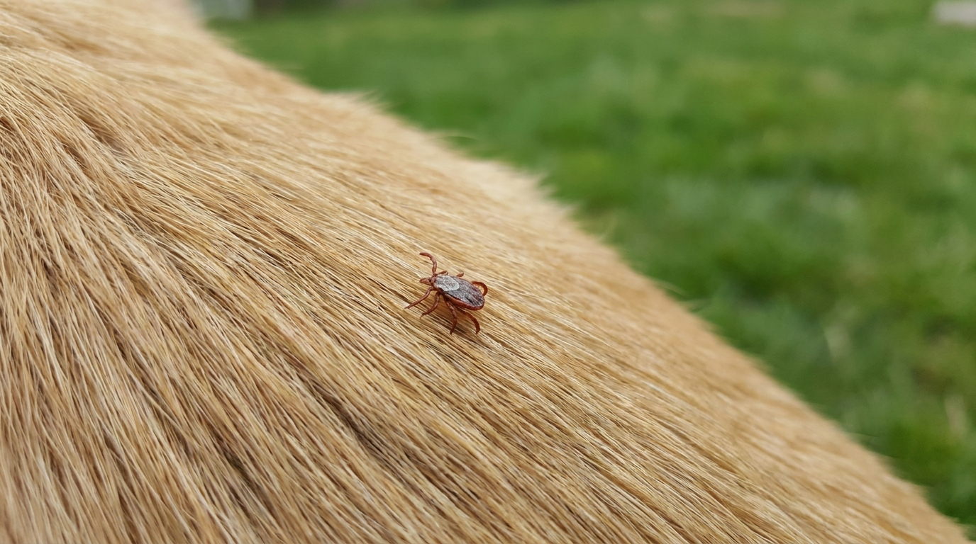 Close-up photo of an American dog tick with reddish legs and a pale, mottled gray shield walking on top of short golden-tan dog fur, with a green lawn blurred in the background.