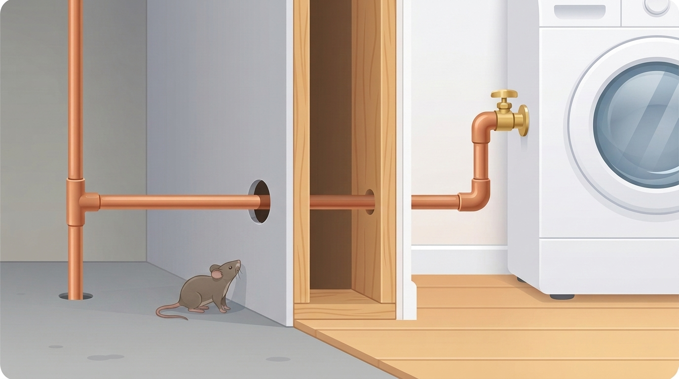 Illustrated cutaway of a wall: a small mouse on a concrete floor looks up toward the gap around a copper pipe where it passes through the wall, and the pipe runs on through the wooden wall framing to a valve beside a washing machine on the other side