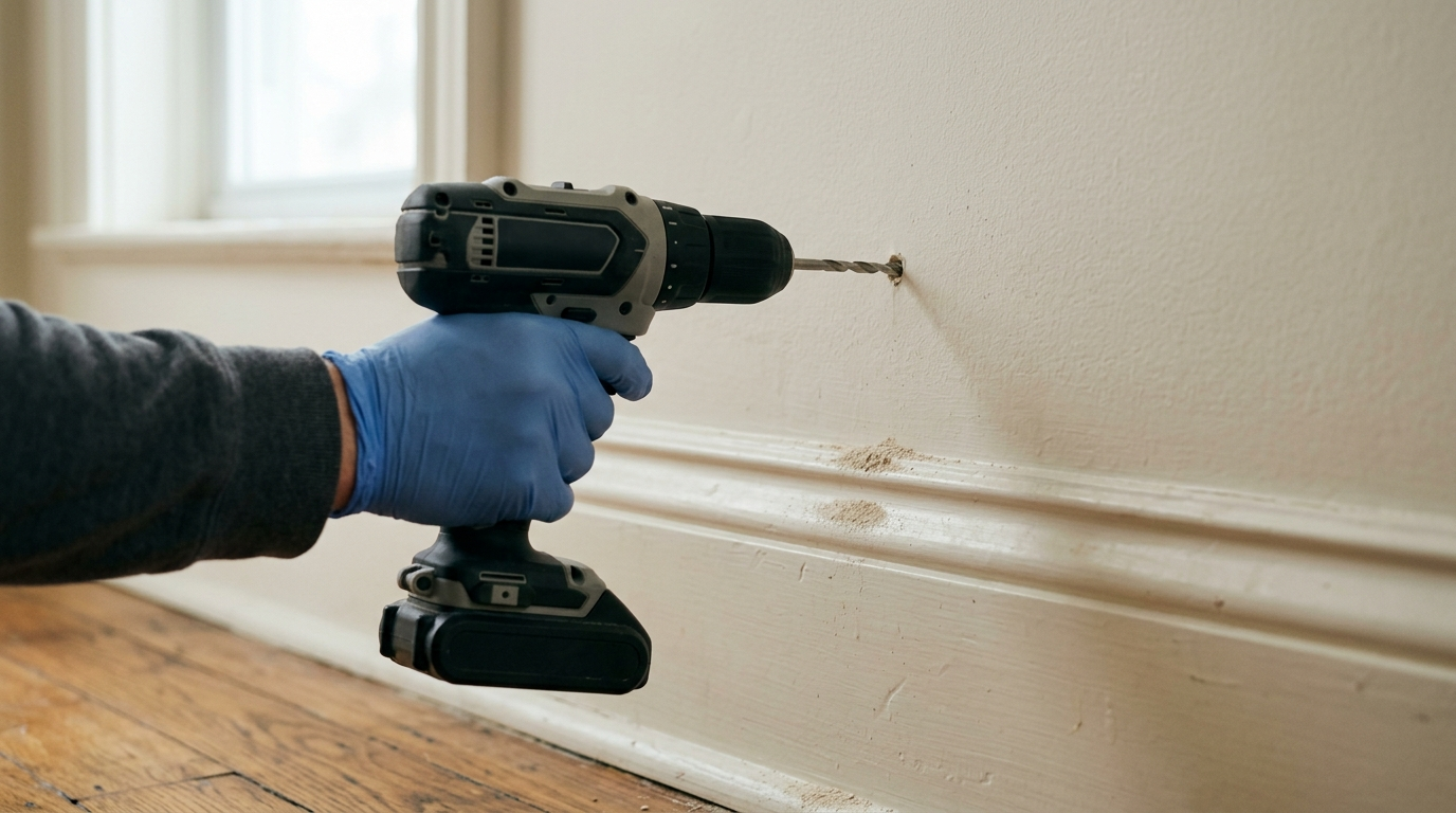 A hand in a blue glove holds a cordless drill with its bit in a small hole in a cream-painted wall above a baseboard, with a little tan dust on the baseboard below the hole.