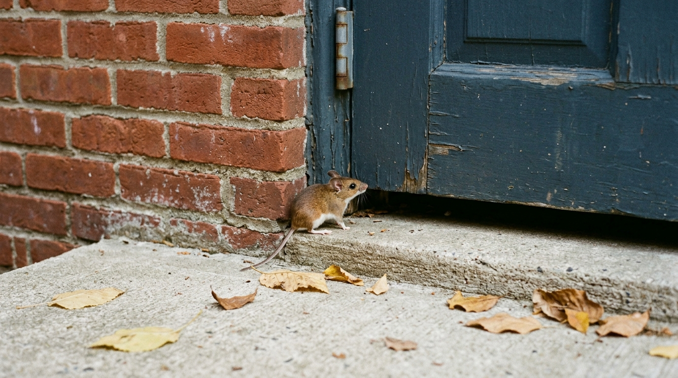 A small brown mouse with a white belly stands on a concrete step at the gap under a weathered blue wooden door in a red-brick wall, with fallen leaves on the ground.