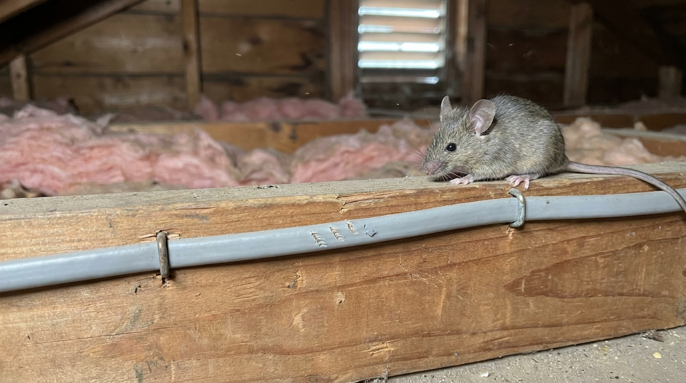 A gray-brown mouse sits on a wooden attic joist above a gray electrical cable that shows small gnaw marks on its outer jacket, with pink insulation between the joists behind it.