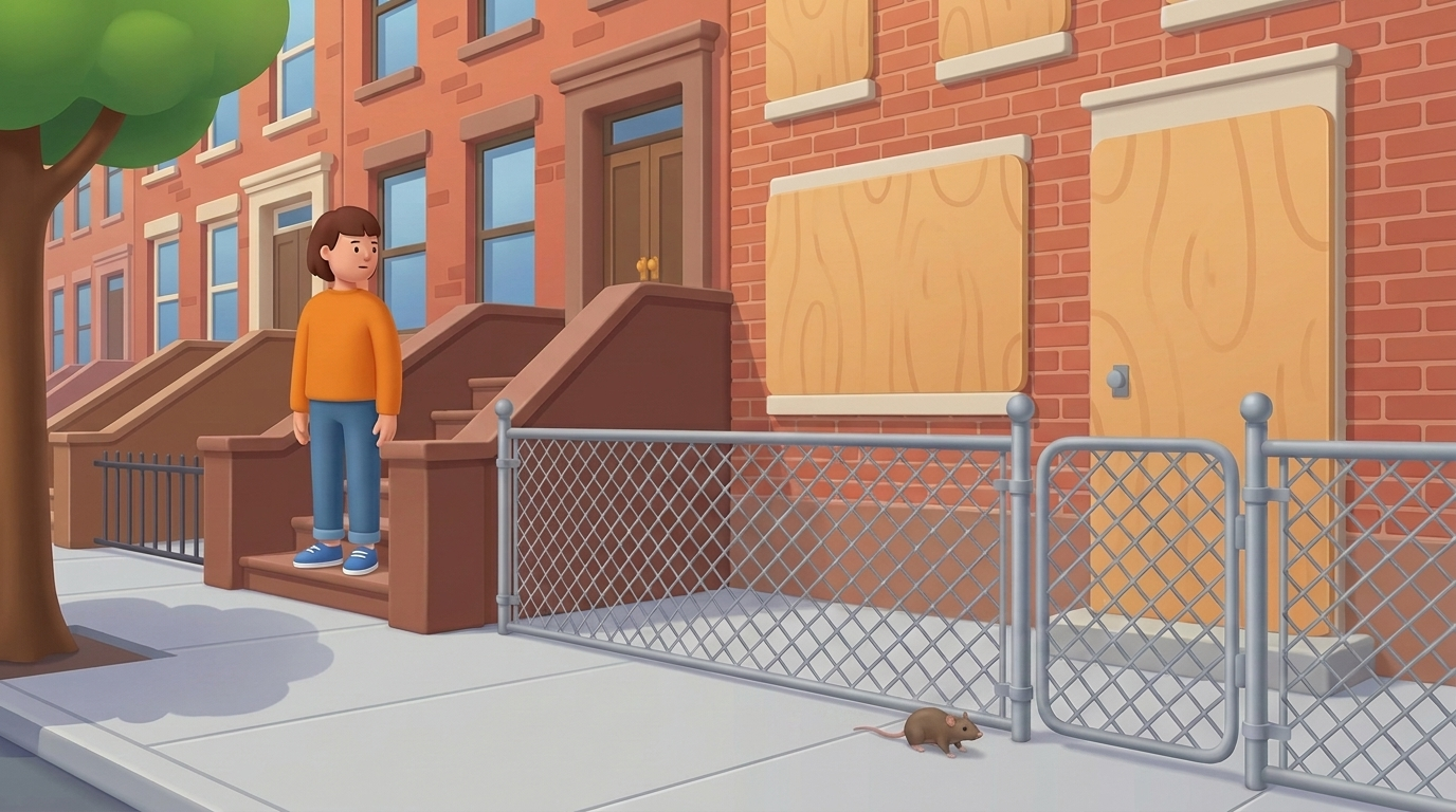 Illustration of a person standing on a stoop next to a boarded-up brick house behind a chain-link fence, with a small brown rat on the sidewalk by the fence.
