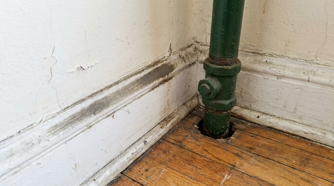 A close view of a dark gray smudge along a painted baseboard next to a green painted pipe that comes up through a gap in a wood floor