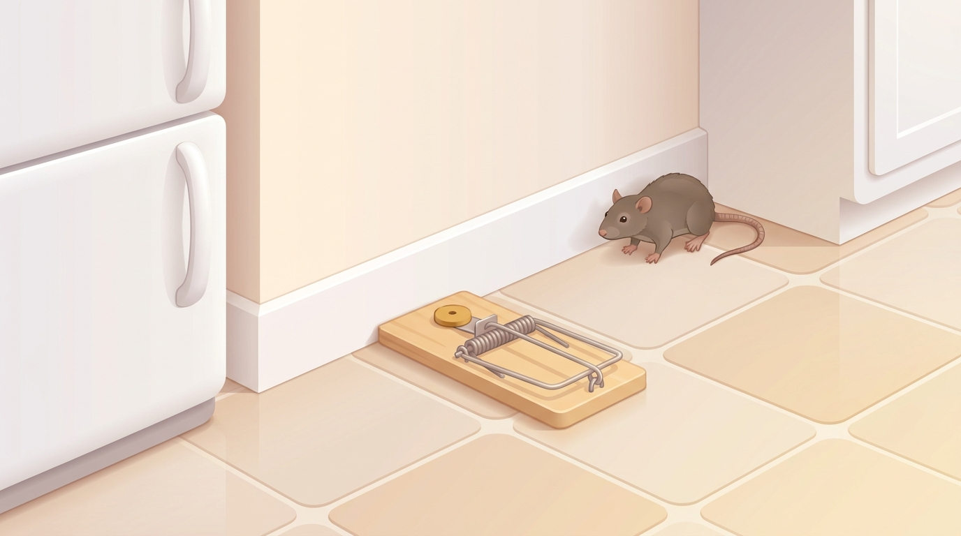 Illustration of a wooden snap trap placed at a right angle to a kitchen baseboard, bait end against the wall, with a rat crouched farther along the wall