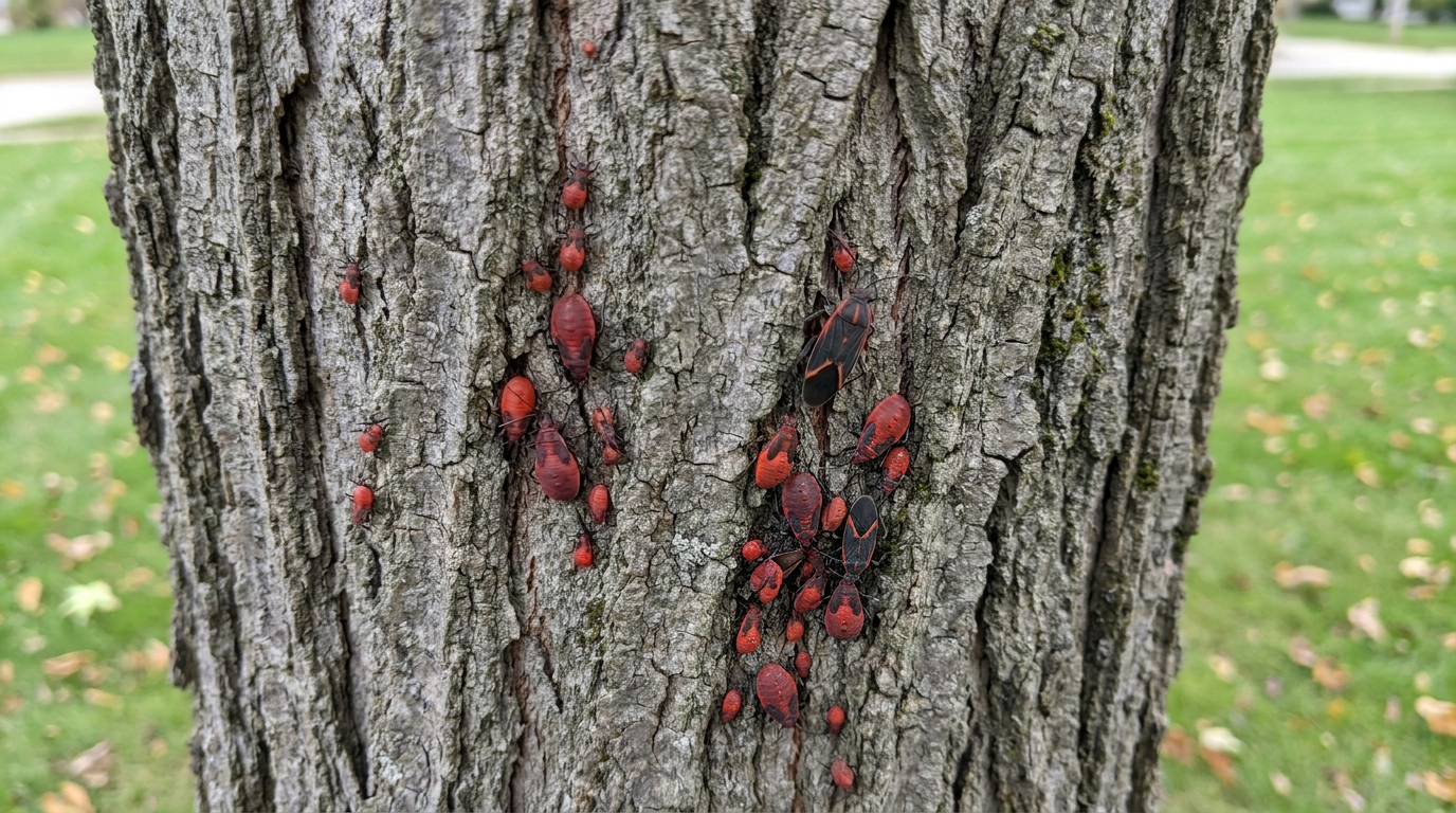 Close-up photo of bright red boxelder bug nymphs of mixed sizes=