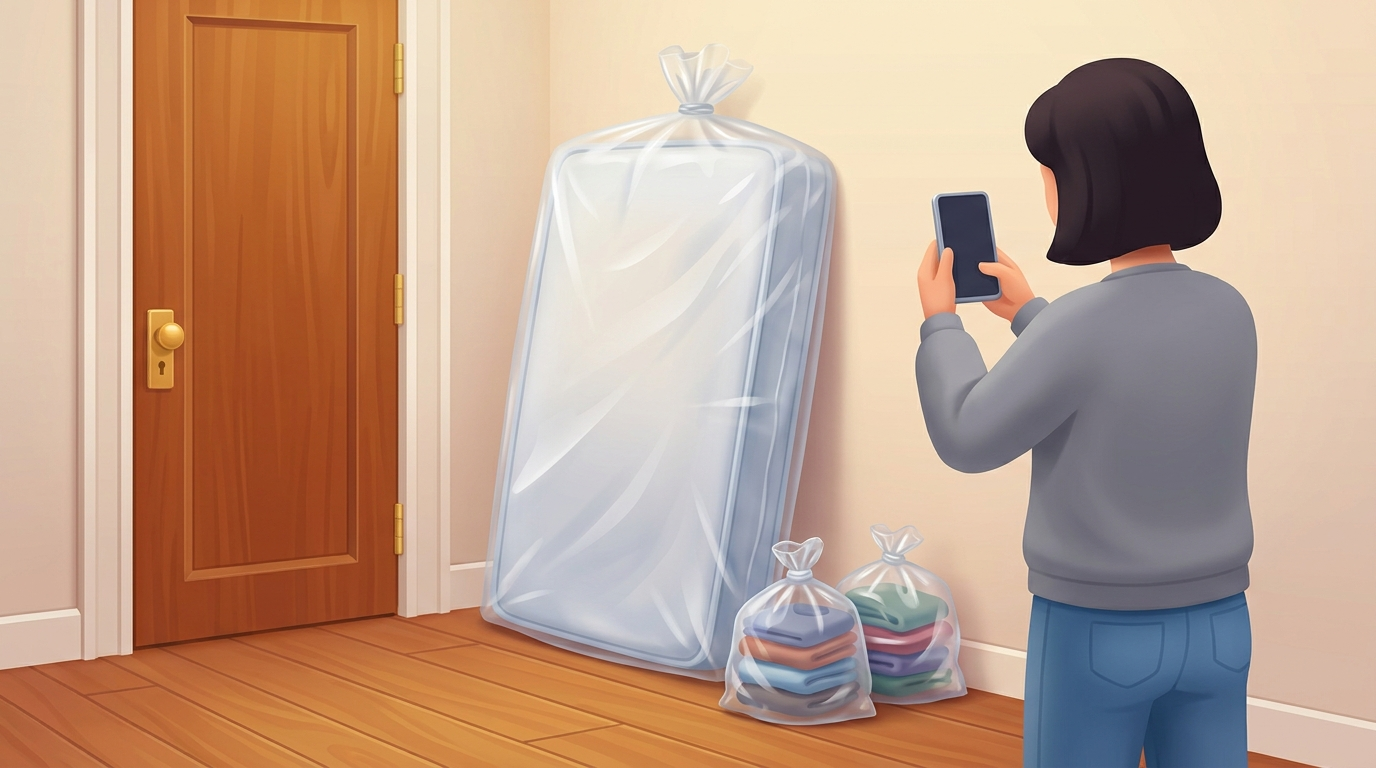 Illustration of a person in a gray sweatshirt, seen from behind, holding up a phone near a mattress sealed in a clear plastic bag and two knotted bags of folded clothes beside an apartment front door