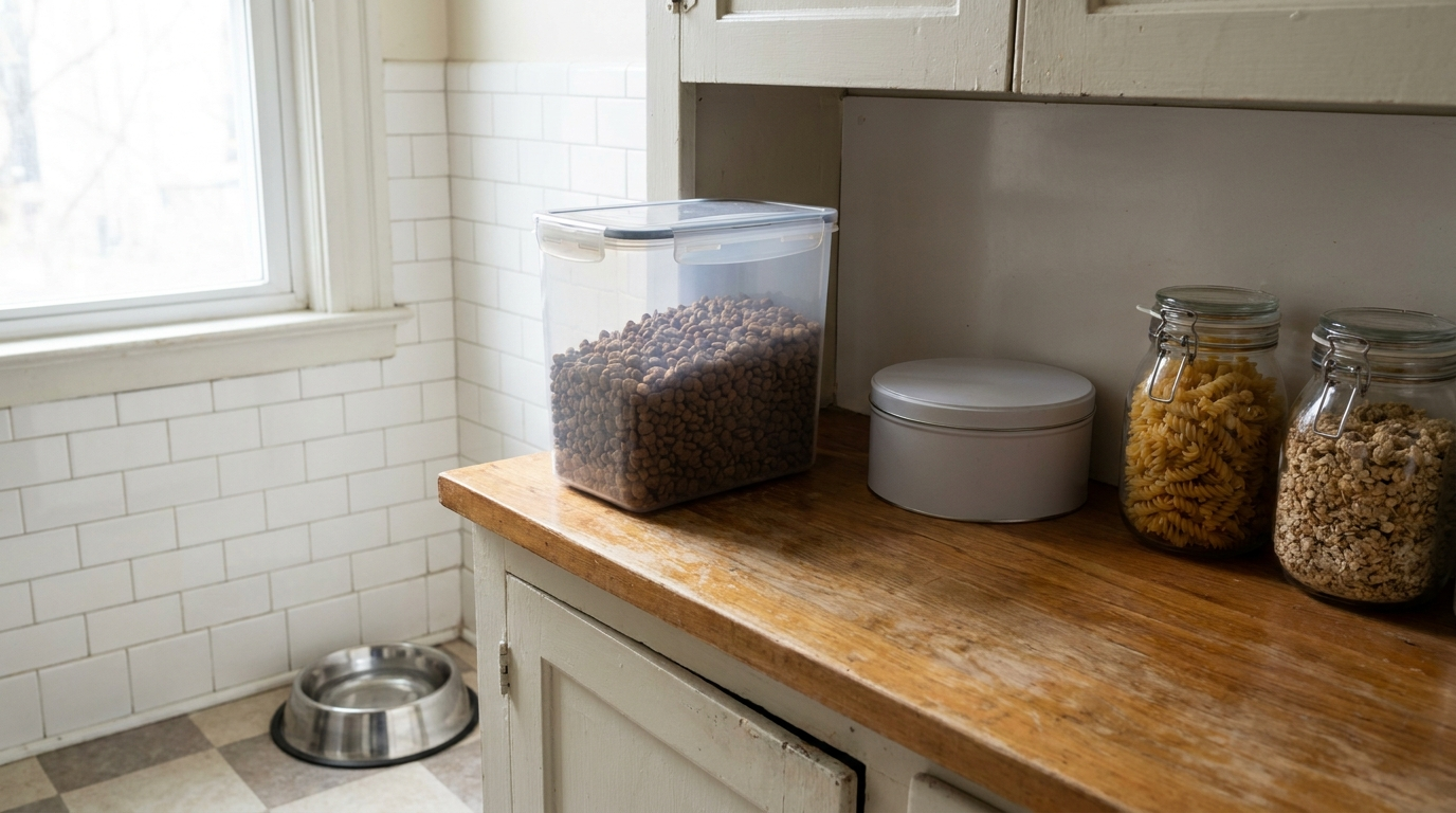 Dry pet kibble in a clear plastic container with a locking lid, a lidded metal tin and two sealed glass jars of dry pasta and grains on a kitchen counter, with an empty metal pet bowl on the floor
