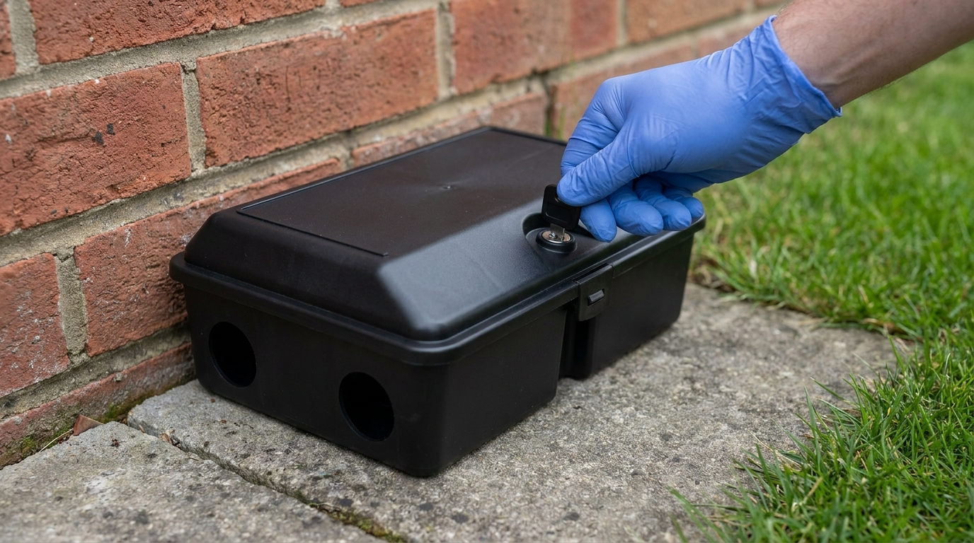 A hand in a blue disposable glove turns a key in the lock on the lid of a closed black plastic rat bait station, set on a concrete paver against a brick wall beside a lawn.