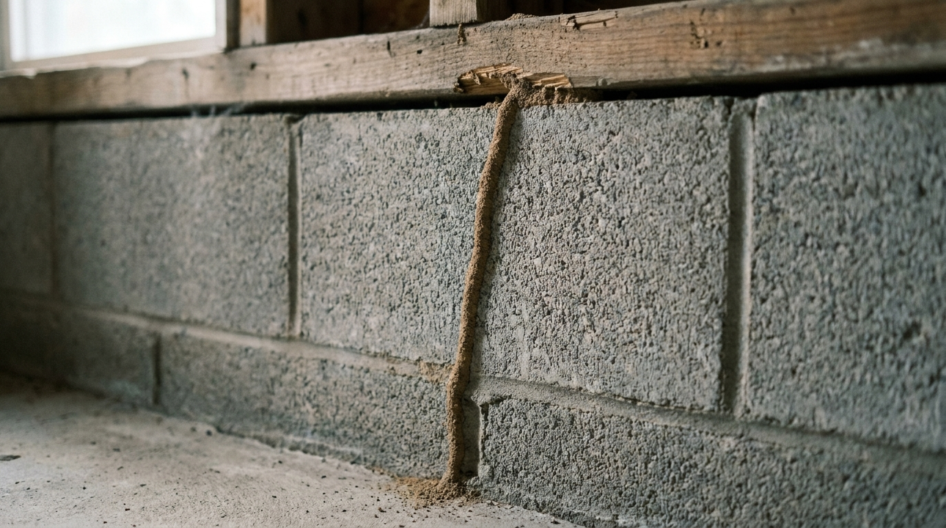 A thin mud tube running up a gray concrete block foundation wall to the wooden sill above it, where the bottom edge of the wood is eaten away