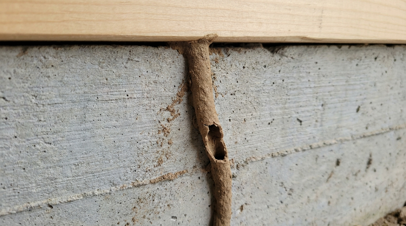 Close-up of a single brown mud tube running up a gray concrete foundation wall to a wooden sill plate, with one section broken open to show it is hollow and empty.