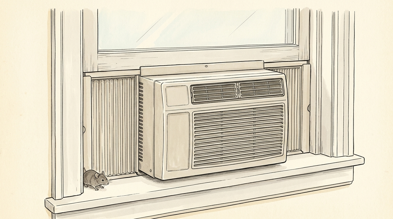 Ink and watercolor drawing of a window air conditioner set in a window, with folding side panels on each side and a small brown mouse on the sill at the bottom corner of the left panel.